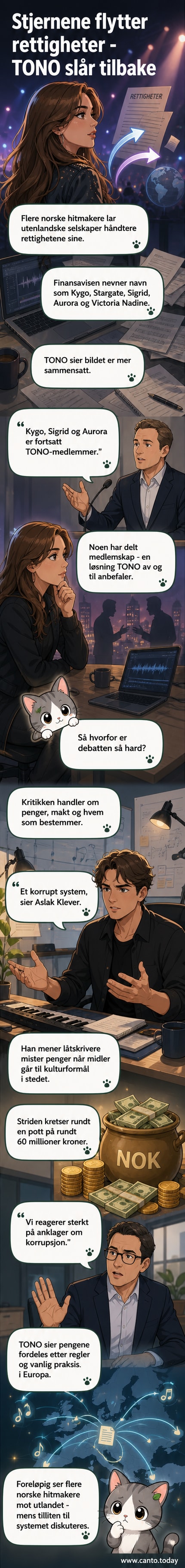 Illustrasjon av flere norske musikere som går bort fra et byråkratisk TONO-logo-ikon, med penger og noter som flyter i ulike retninger.