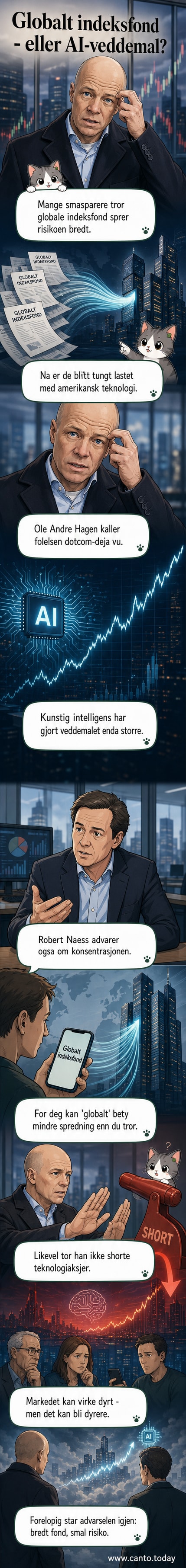 Illustrasjon av en aksjekurves graf fra slutten av 1990-tallet og en ny fra 2026, med lik form – begge toppet av lysende AI-ikon og dotcom-symboler.