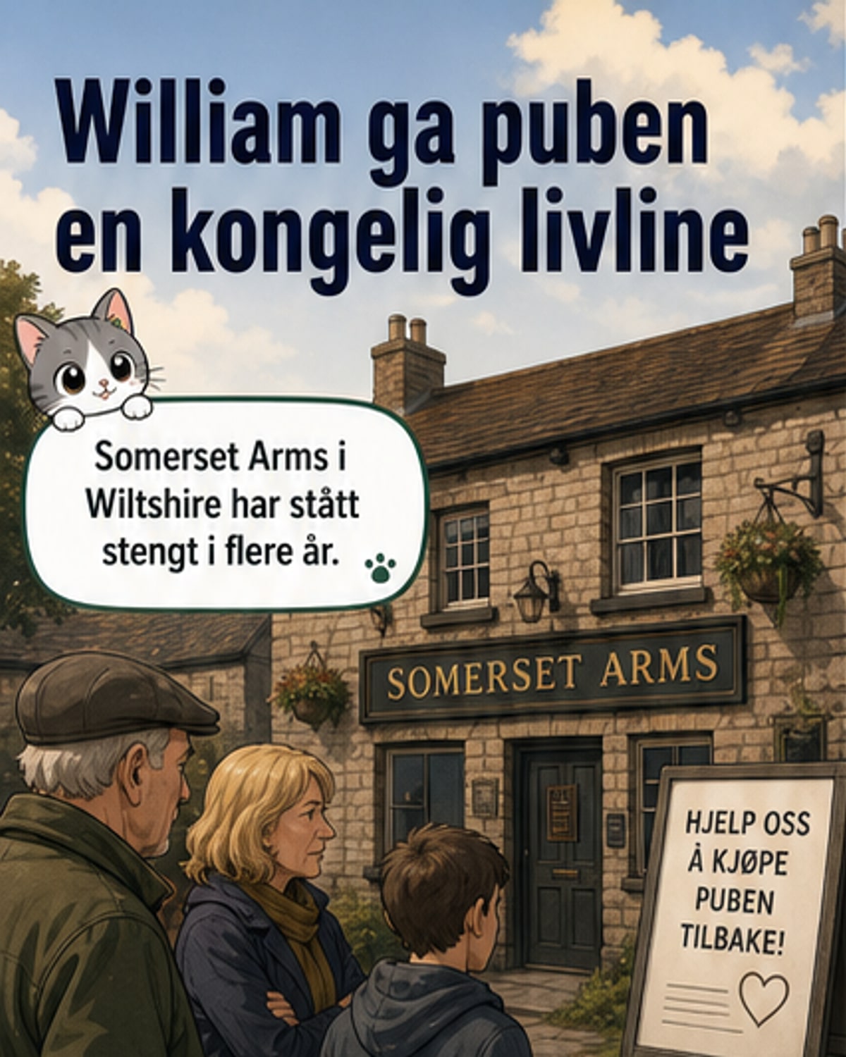 Illustrasjon av prins William som rikser en halvflaske øl foran en tradisjonell engelsk pub, med flagg i bakgrunnen og et smil på leppene.