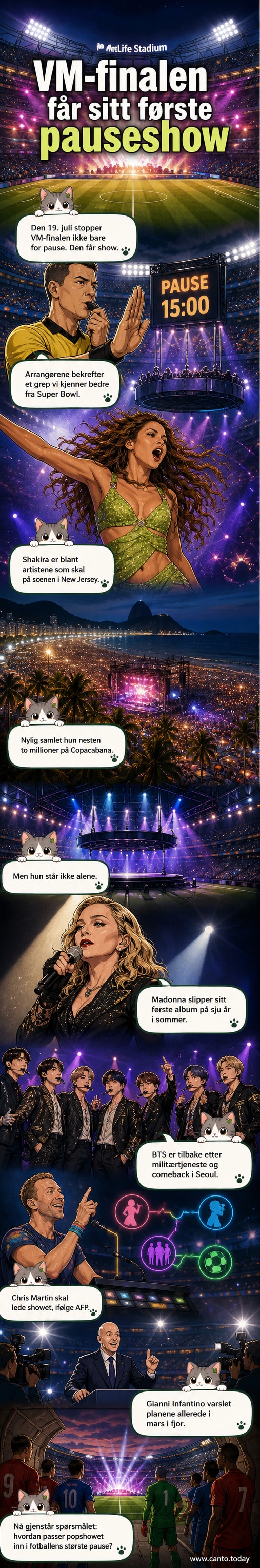 Illustrasjon av VM-finalens pauseshow med Madonna, Shakira og BTS på scenen under spotlights, publikum klapper entusiastisk.