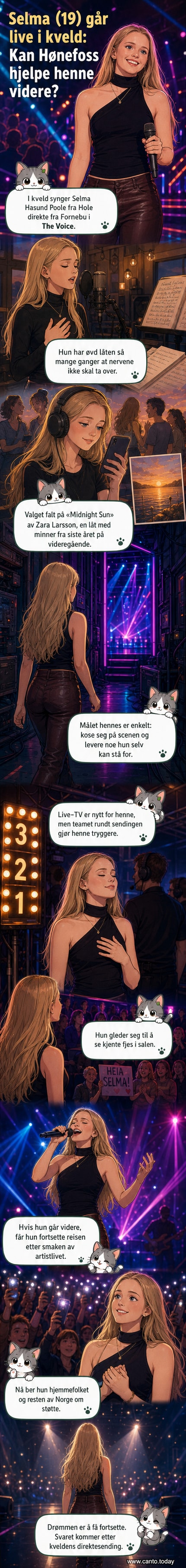 Selma Poole (19) fra Hole smiler mot kameraet før sin opptreden i The Voice, med scenelys i bakgrunnen.