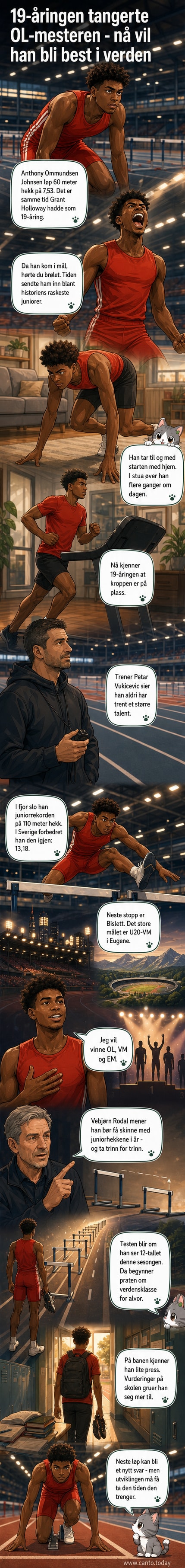 19 år gammel norsk hekkeløper i aksjon under et løp, med fokus på teknikk og fart.