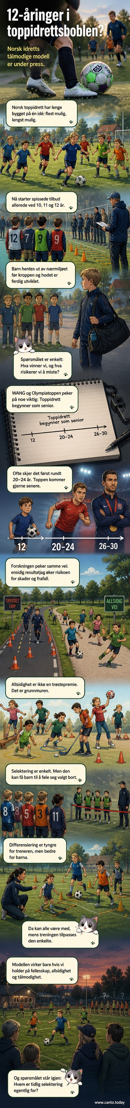 Illustrasjon av et barn i idrettsdrakt som løper på en bane, mens skyggen viser en voksen toppidrettsutøver – symbol på tidlig press og forventninger.