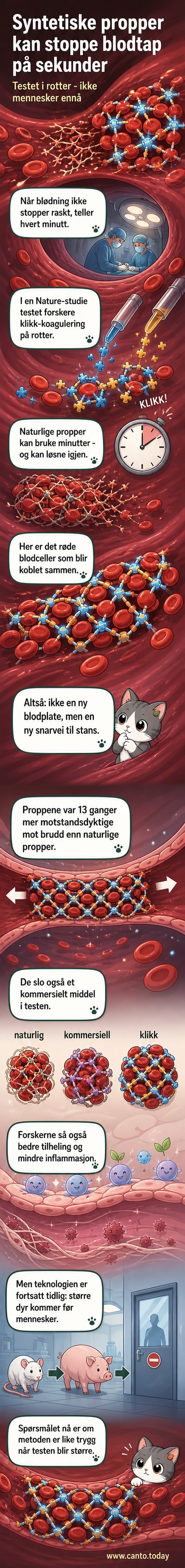 Illustrasjon av en kunstig blodpropp dannet gjennom klikk-kjemi, der røde blodceller knyttes sammen i et sterkt nettverk i et blodkar.