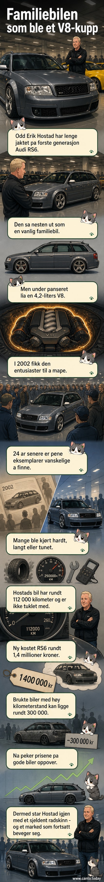 En grå Audi RS6 stasjonsvogn fra første generasjon står parkert i skjæringslys, med markante hjulbuer og doble enderør synlige.