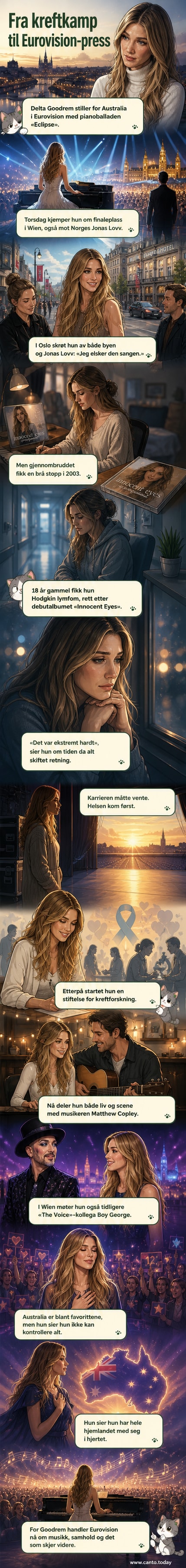 Delta Goodrem i glitterkjole på scenen i Wien, med mikrofon i hånd og lys som skjærer gjennom mørket bak henne.