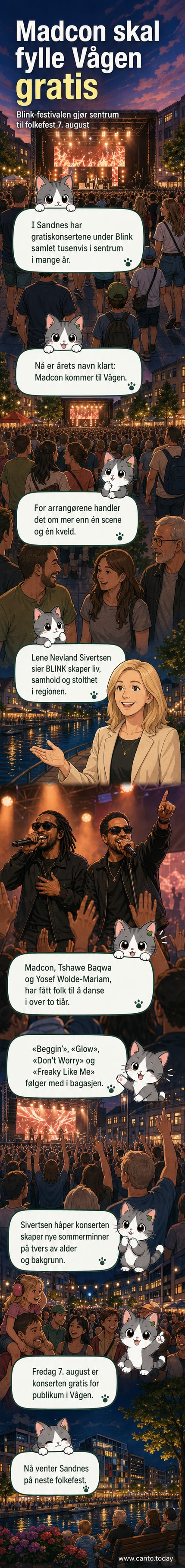 Illustrasjon av Madcon på scenen under kveldssol i Sandnes, med folk samlet for å danse og klappe.