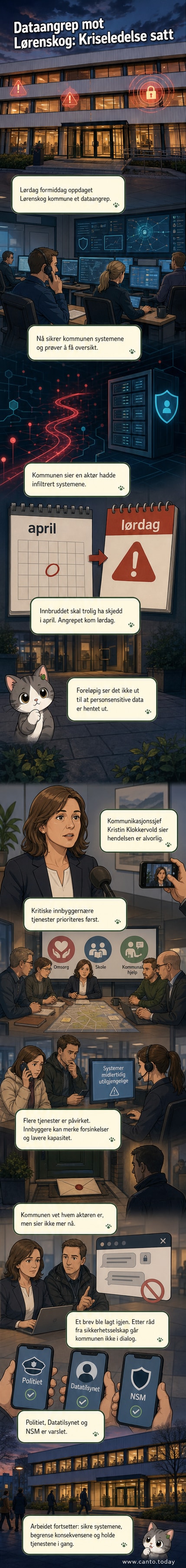 Illustrasjon av en digital skjerm med advarsel om cyberangrep, omgitt av kommunale bygninger i Lørenskog