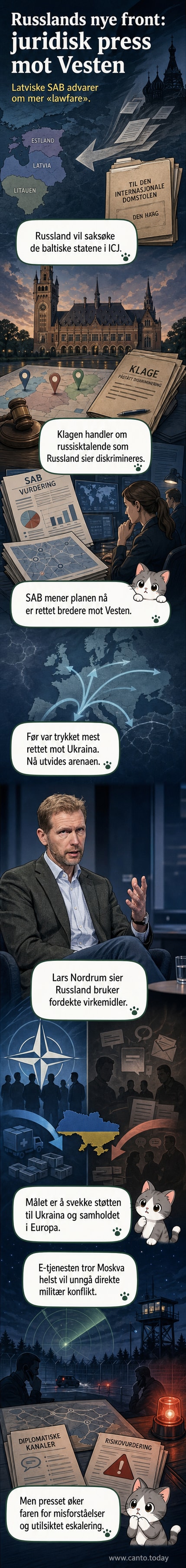 Illustrasjon av en domstol i Haag med russiske symboler i bakgrunnen og baltiske flagg foran riksretten, under en overskrift om 'lawfare'.