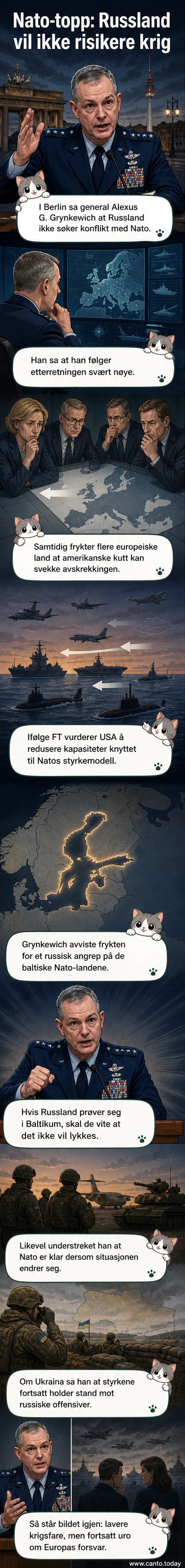 Illustrasjon av NATO- og Russlands flagg mot en kartutsnitt av Europa, med en militær general som taler fra en scene i Berlin.