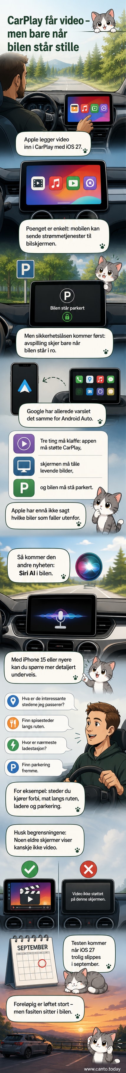 Skjermvisning av CarPlay med videoavspilling i en bil som står stille, illustrert av Apple.