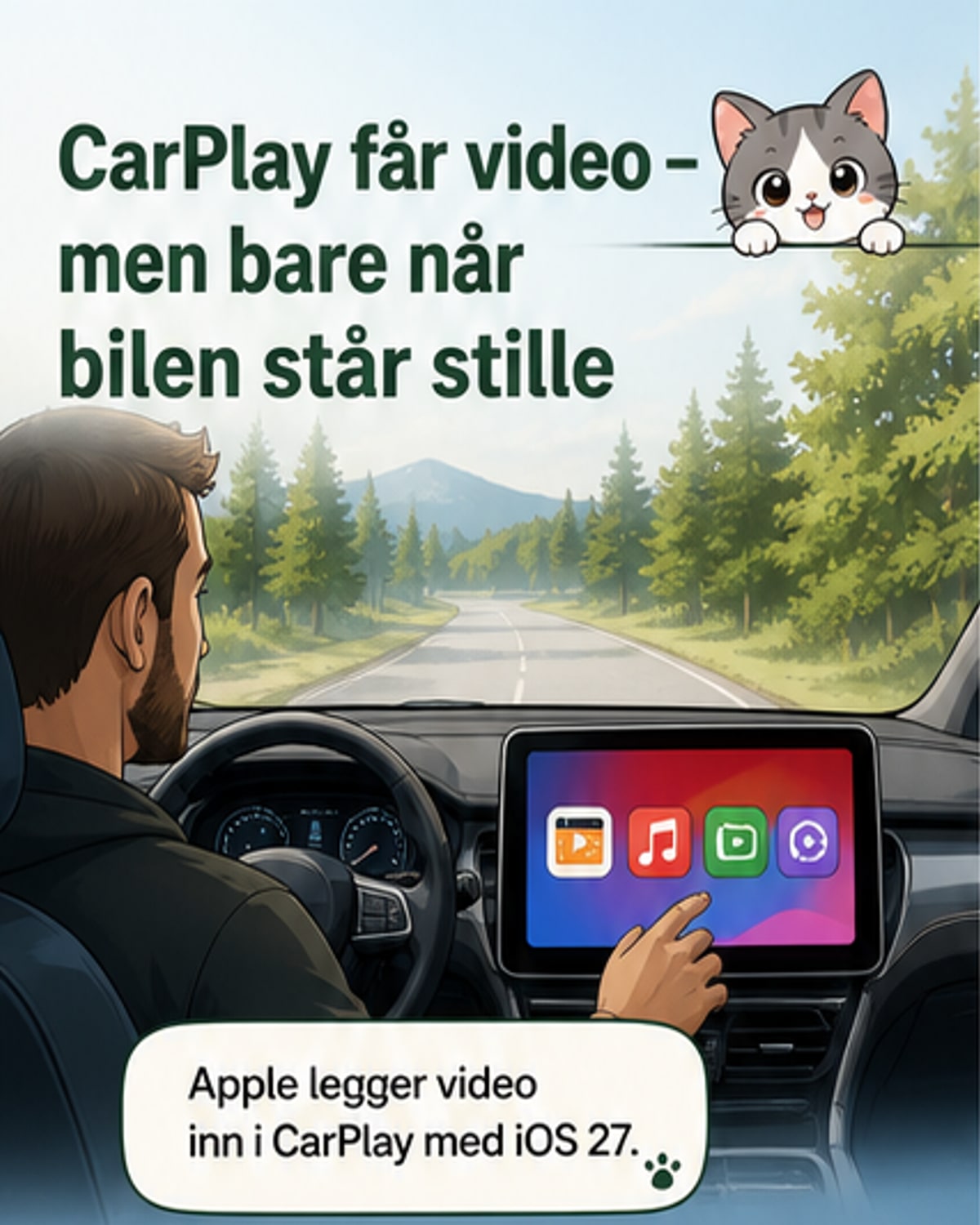 Skjermvisning av CarPlay med videoavspilling i en bil som står stille, illustrert av Apple.