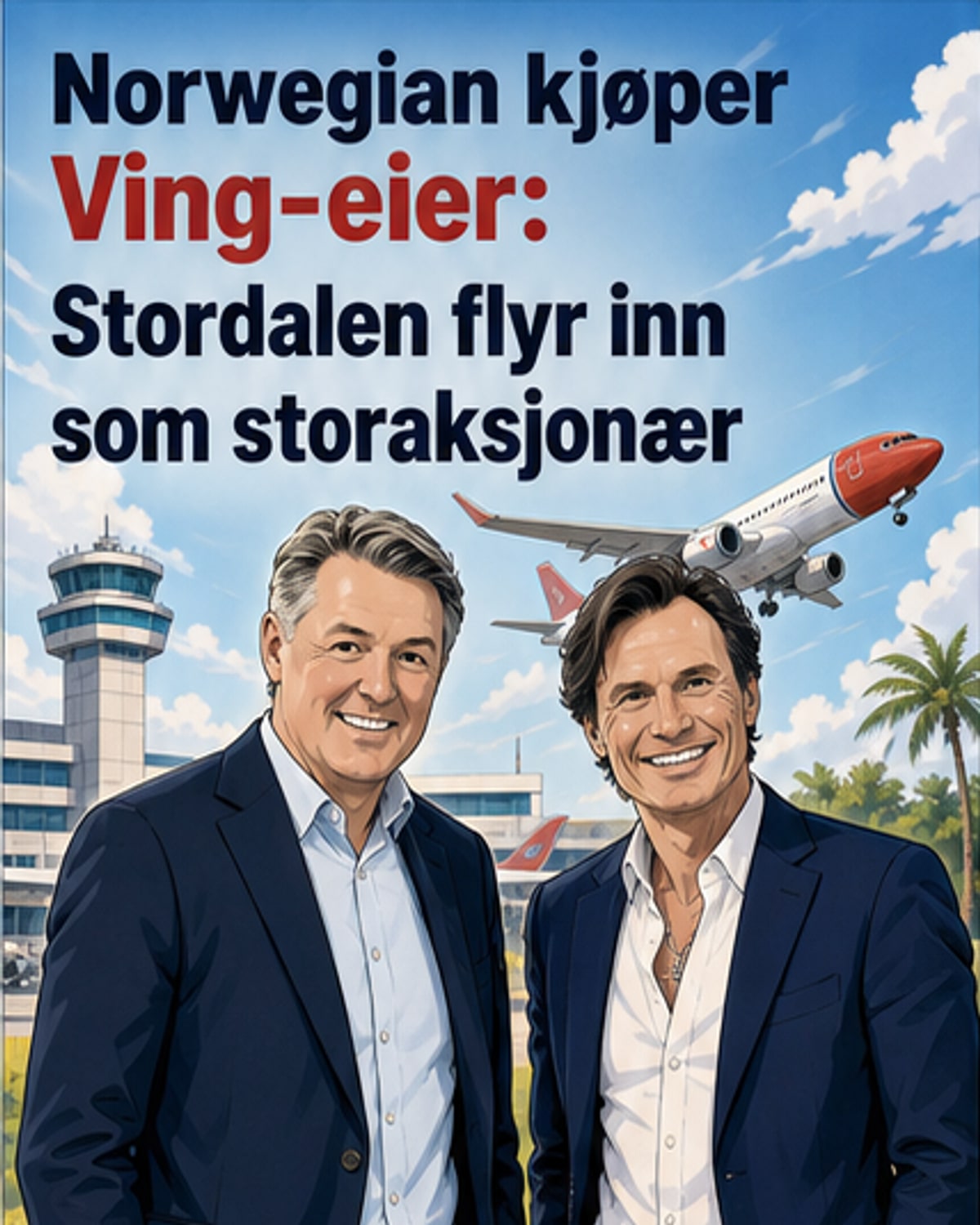 Illustrasjon av et Norwegian-fly over en strand med logoer for Ving og NLTG, som viser sammenslåingen av flyselskap og reisebyrå.