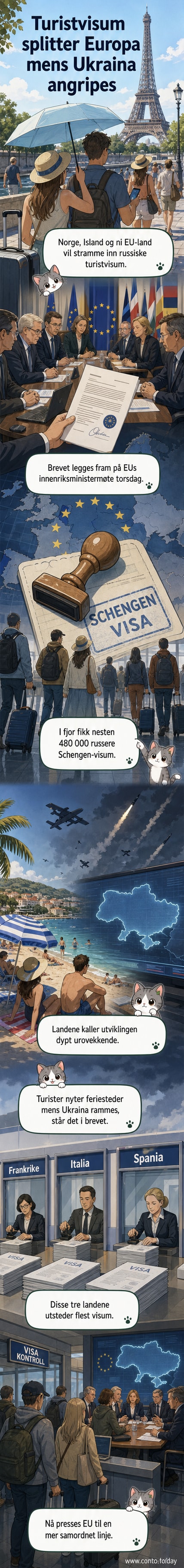 Illustrasjon av en gruppe europeiske flagg med stengt passerkontroll og en reisende med russisk flagg som blir stoppet ved grensen.