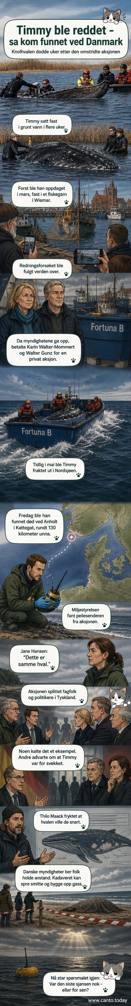 Illustrasjon av en knølhval som svømmer i grått kystvann, med båter og mennesker i bakgrunnen. Tekstfelt viser navnet 'Timmy' og datoer for redningsaksjonen.