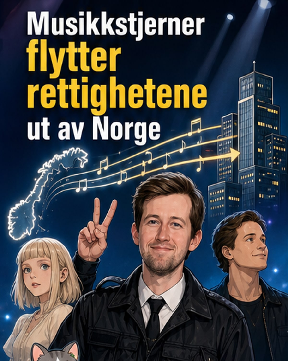 Illustrasjon av tre silhuetter med mikrofoner, bak dem flagg fra Norge og andre land, med tekst: 'Tono-konflikt'.