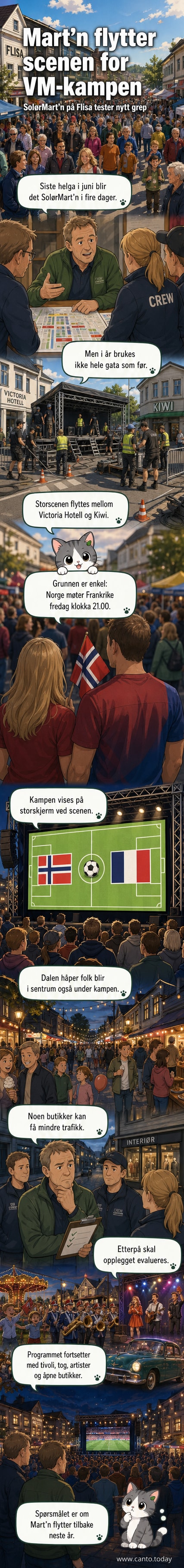 Storscene og folkemengde i sentrum av Flisa under SolørMart'n, med blikket rettet mot en stor skjerm for VM-kamp