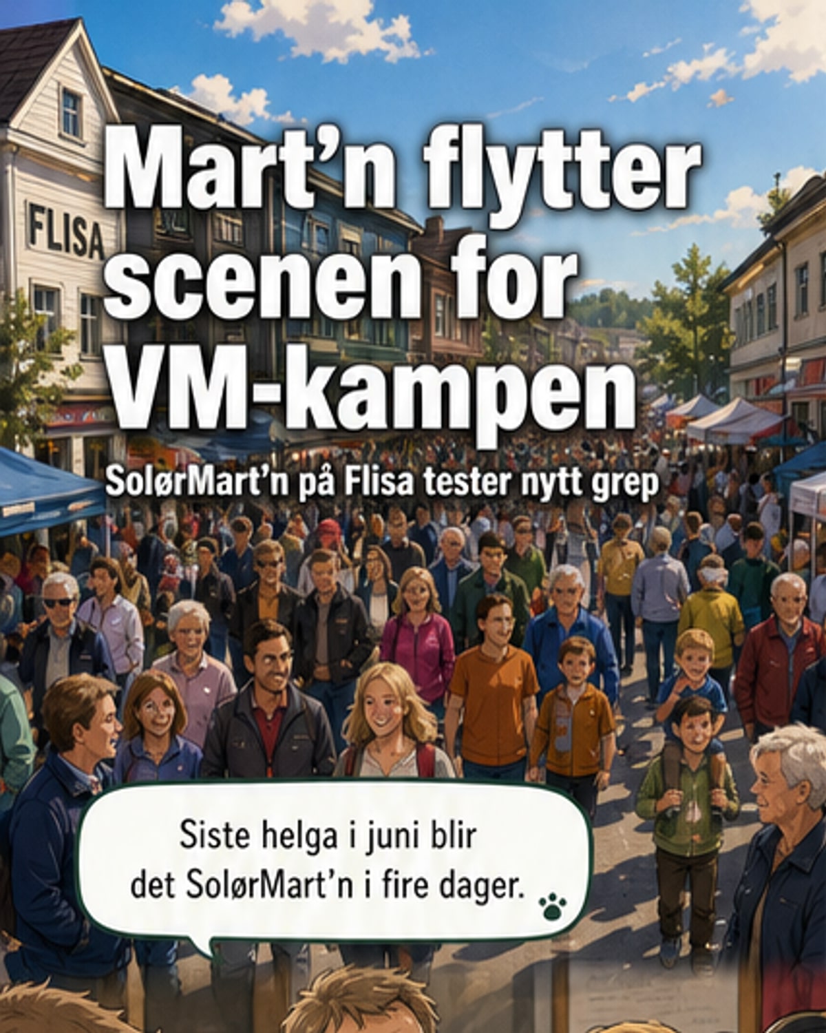 Storscene og folkemengde i sentrum av Flisa under SolørMart'n, med blikket rettet mot en stor skjerm for VM-kamp
