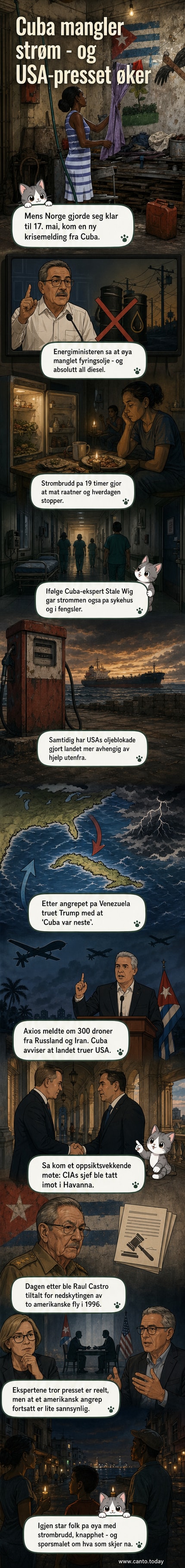 En kvinne i Havanna rydder vekk tøyet under et flagg. Bakgrunnen viser nedslitte bygninger og plakater av cubanske ledere.