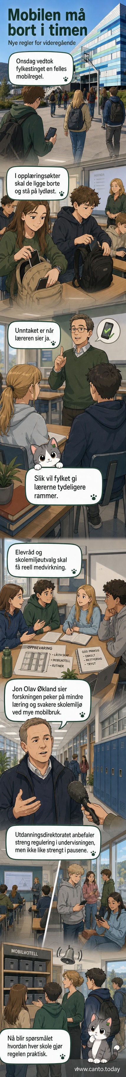 Illustrasjon av en skoleklasse der elever legger mobilene i en boks foran klasserommet, mens læreren skriver 'Mobilforbud' på tavlen.