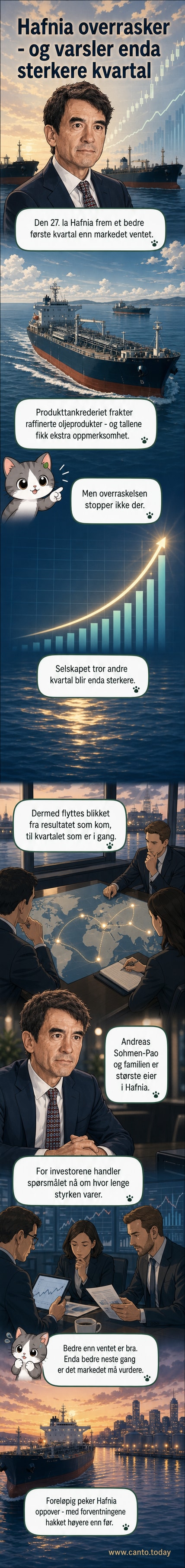 Illustrasjon av et produkttankskip ved losning, med graf som viser stigende kvartalsresultater i bakgrunnen.