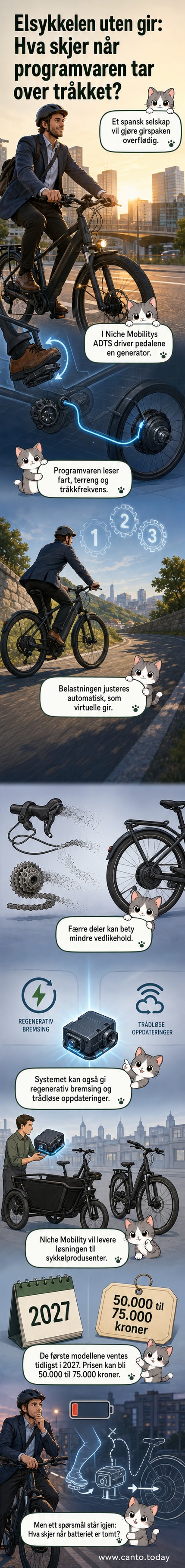 En modern elektrisk sykkel uten tradisjonelle gir, med enkel ramme og integrert motorstyring som viser hvordan programvaren erstatter manuelle gir.