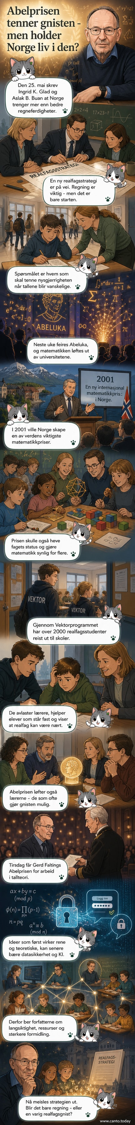 En tegning av en lysende gnist som spruter ut fra en mattebok, med skolebarn og studenter som ser nysgjerrig på. I bakgrunnen er det et symbol for Abelprisen.