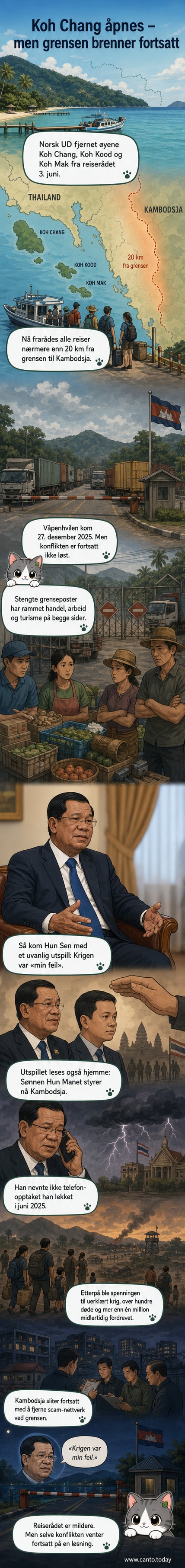 Kartutsnitt som viser Koh Chang og grensen mellom Thailand og Kambodsja, med militære posisjoner og flyktningbevegelser markert.