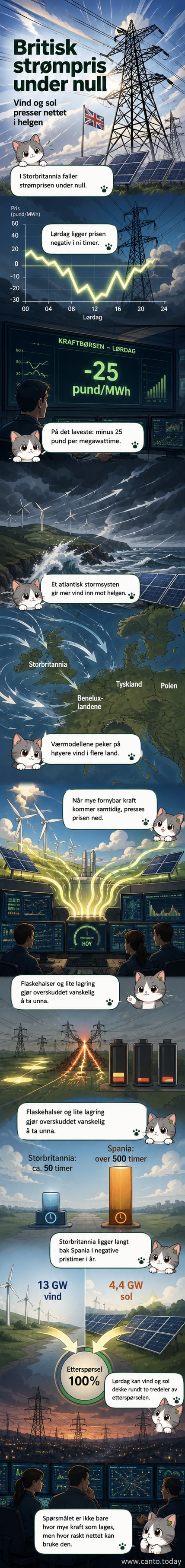 Illustrasjon av vindturbin og solpanel med nedadgående prisgraf som viser negative verdier i britisk pund.