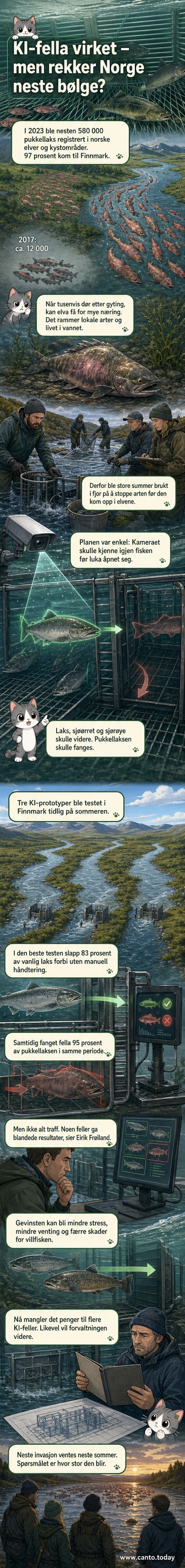 Illustrasjon av en KI-drevet fiskefelle som skiller pukkellaks fra villaks basert på utseende, med elvebunn og fjell i bakgrunnen.