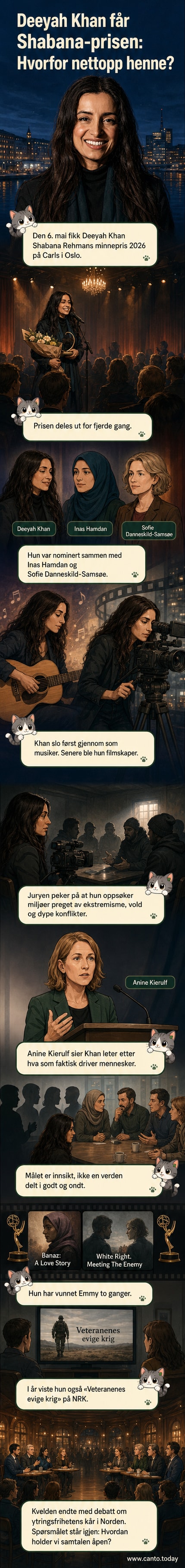 Deeyah Khan står på scenen med Shabana Rehmans minnepris i hånden, omgitt av publikum i Carls i Oslo.