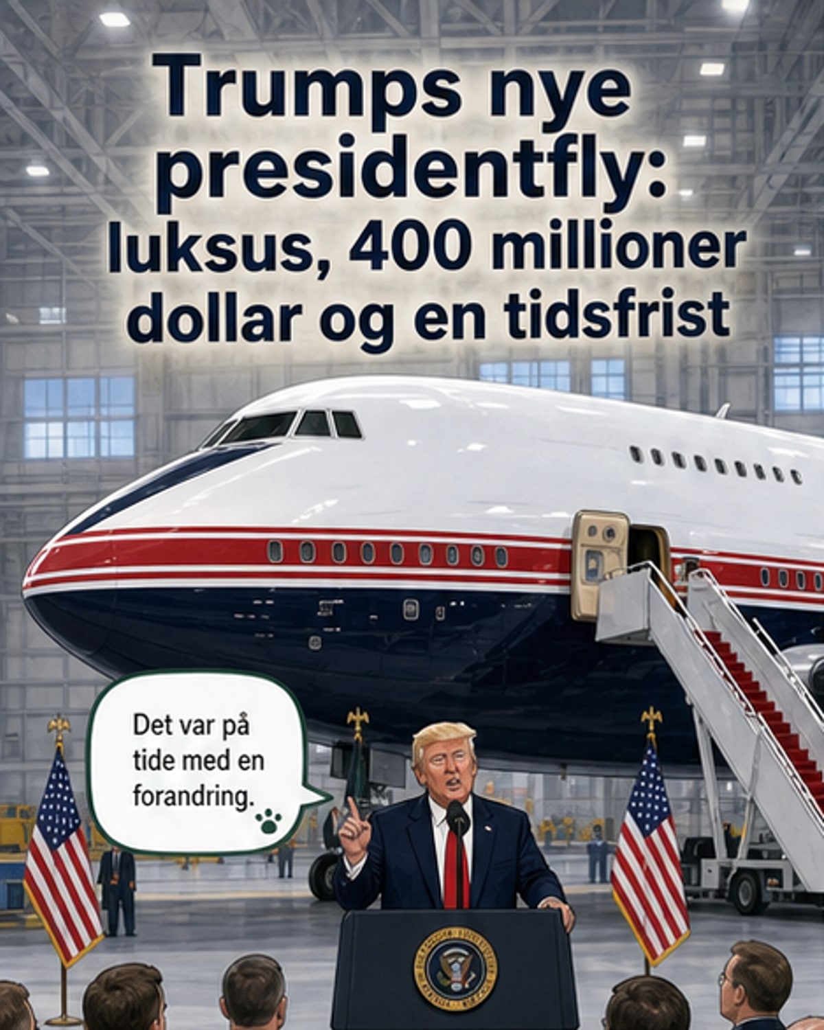 Donald Trump står foran et nytt marineblått presidentfly med røde striper og et modifisert amerikansk flagg på halefinnen.