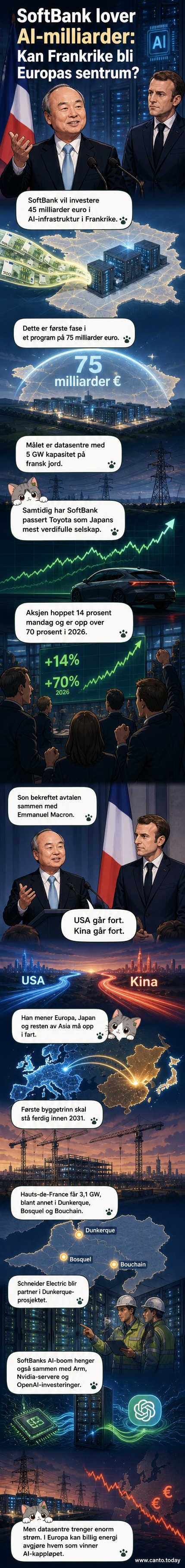 Illustrasjon av et gigantisk datasenter i nordlige Frankrike med SoftBank-logo, omgitt av vindturbiner og kabler, symboliserende AI-infrastruktur og energiforbruk.