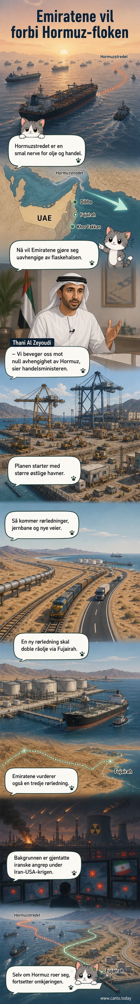 Illustrasjon av oljerørledninger og skip som fører bort fra Hormuzstredet, med UAE og Iran i bakgrunnen.