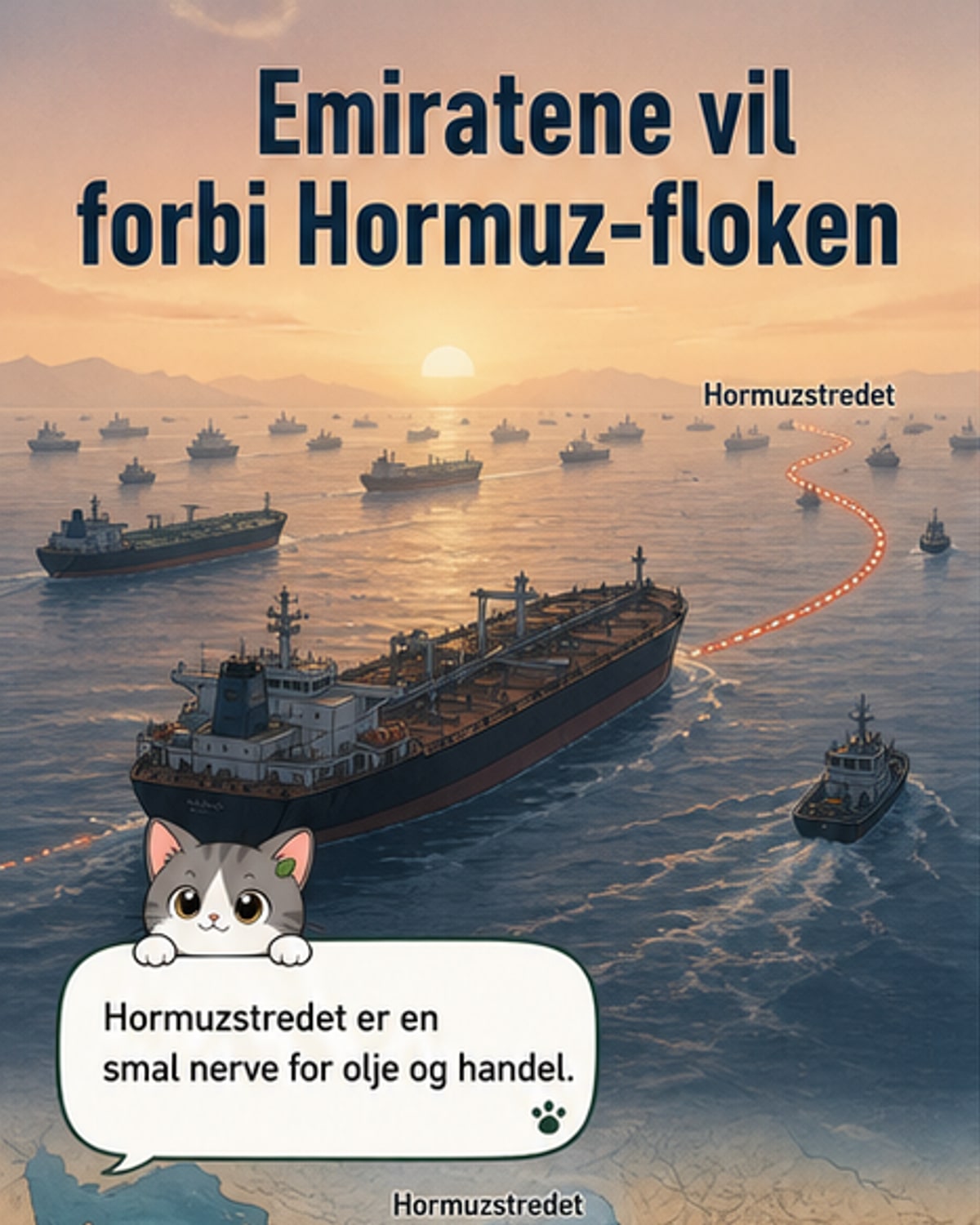Illustrasjon av oljerørledninger og skip som fører bort fra Hormuzstredet, med UAE og Iran i bakgrunnen.