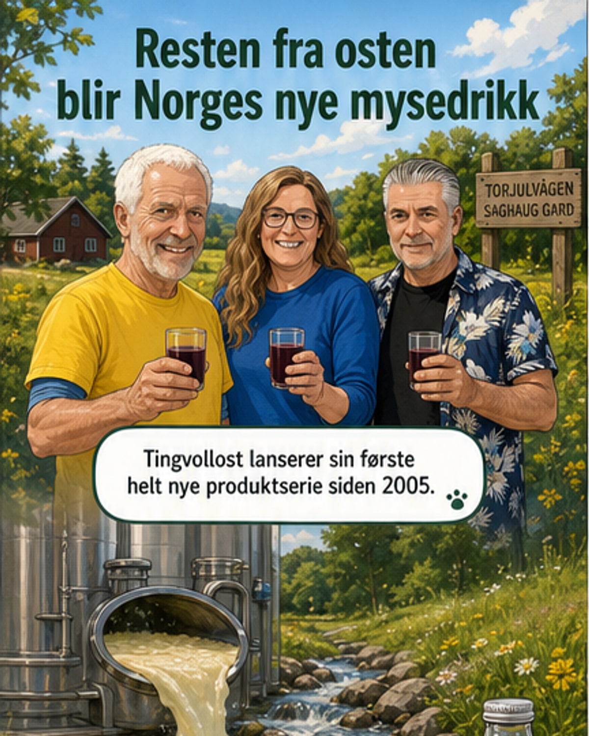 Ansatte fra Tingvollost står foran et kjøleskap med myseflasker i et ombygd brakkområde. Bakgrunnen viser en landlig gård og fjell.