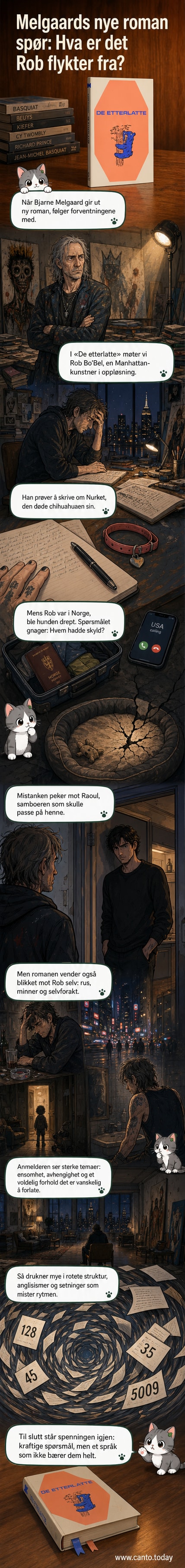 Illustrasjon av en sliten mann i et kaotisk atelier med bilder av en liten hund og tekstfragmenter som flyter i luften.