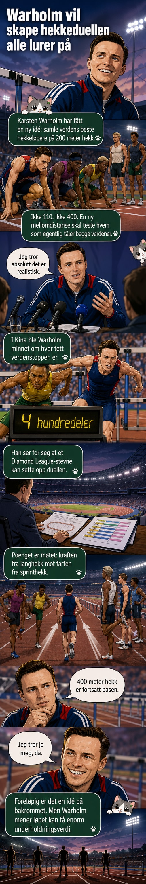 Karsten Warholm løper i et friidrettsløp med hekker, omgitt av publikum og andre konkurrenter. Illustrasjonen viser idéen om en ny 200 meter hekk-øvelse.