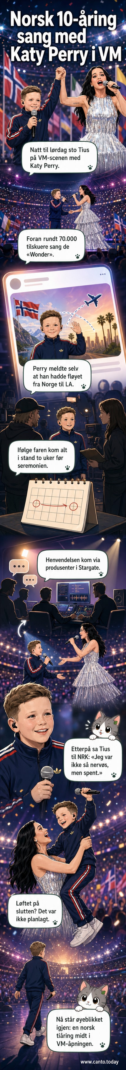 Tiåringen Tius står på scenen med Katy Perry under VM-åpningen, omringet av lys og folkemengde.