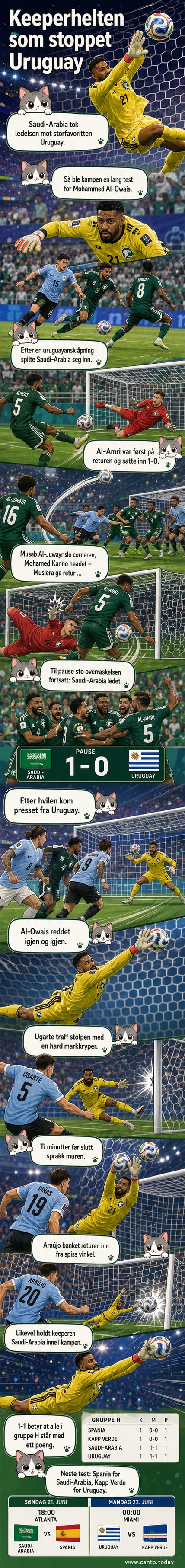 Fotballkamp mellom Saudi-Arabia og Uruguay under VM, med keeper Mohammed Al-Owais i aksjon mot et angrep.