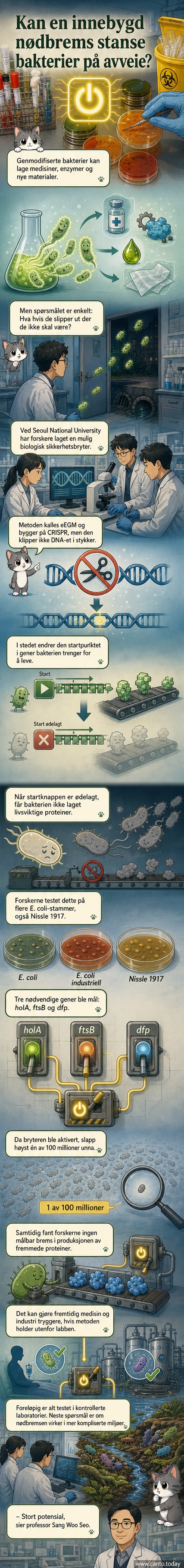 Illustrasjon av en genmodifisert bakterie med en 'nødbrems'-mekanisme som aktiveres utenfor et laboratorium, vist som en lysbryter som slår av livsviktige gener.