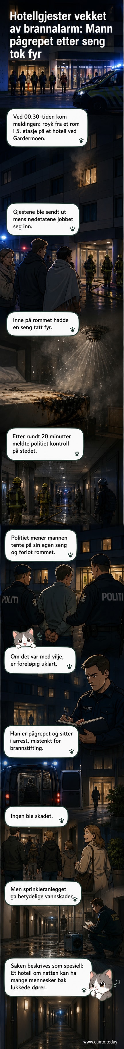 Illustrasjon av et hotellrom med røyk over en seng, politi og brannvesen på vei inn. Tekst: 'Pågrepet etter brann i hotellrom'.