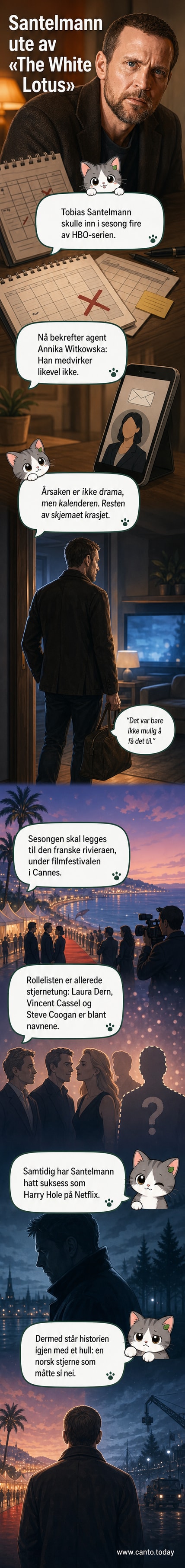 Illustrasjon av Tobias Santelmann foran en filmplakat for The White Lotus med skilt som sier 'ute av sesongen'.