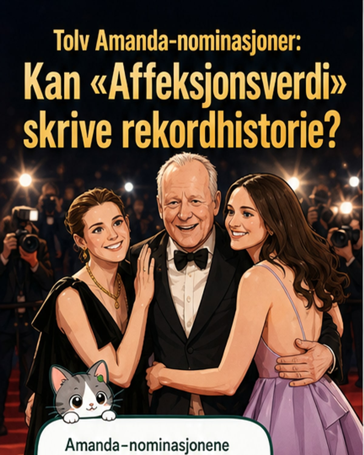 Illustrasjon av en filmpris med filmplakater rundt som viser «Affeksjonsverdi», «Hvis ingen går i fella» og «Flåklypa – Fra Paris til pyramidene».