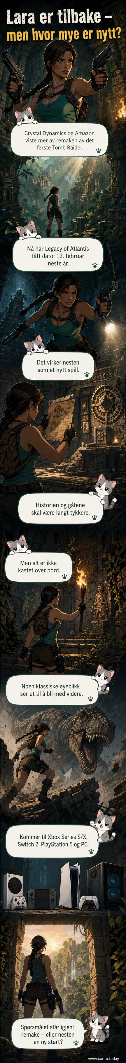 Lara Croft står på en steinplate over en avgrunn i en gammel tempelruin, med regn og torden i bakgrunnen. En dinosaur skjuler seg i skyggene bak henne.