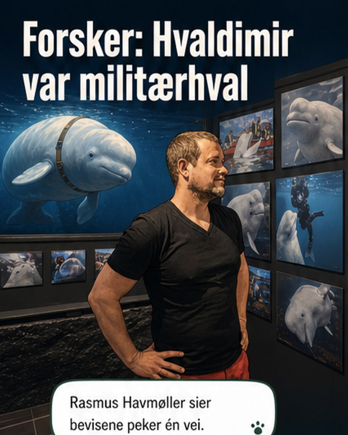 Skjelettet av Hvaldimir stilt ut i et glassvindu med tekstskilt og lys, bakgrunnen viser havmiljø