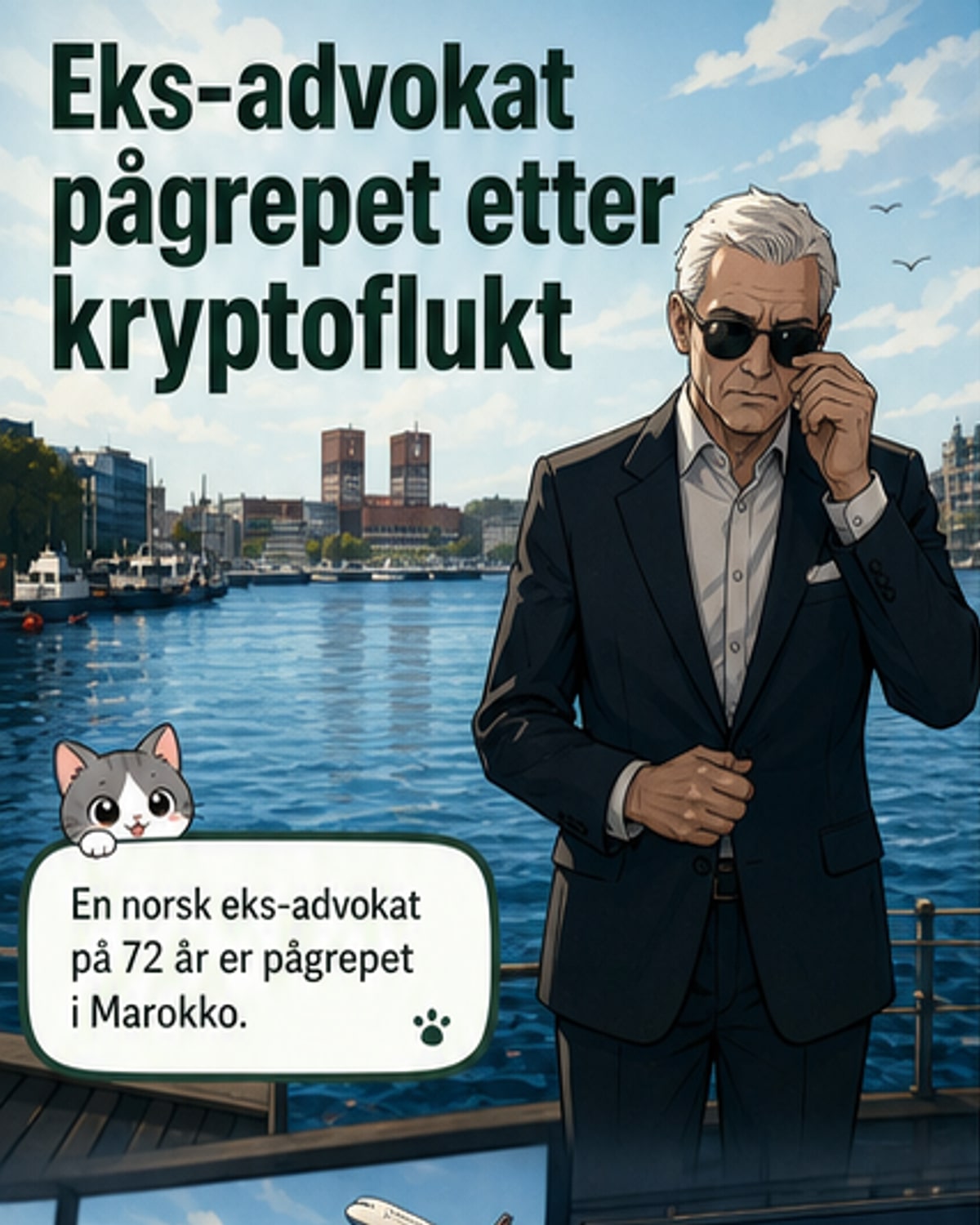 Illustrasjon av en eldre mann i eskorteklær som går gjennom en lufthavn, med politi i bakgrunnen.