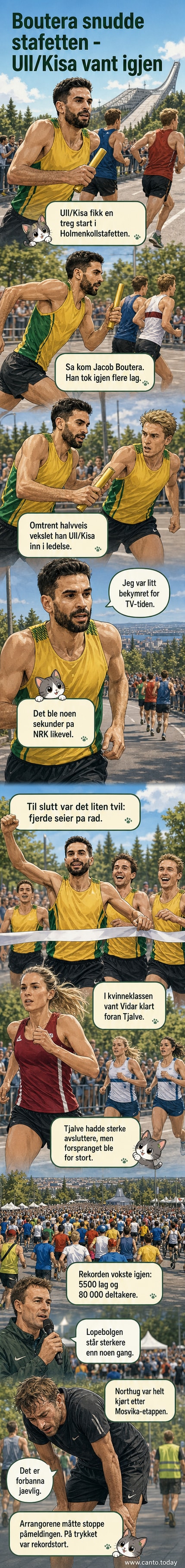 Illustrasjon av løpere i aksjon under Holmenkollstafetten, med Ull/Kisa og Vidar i fokus.