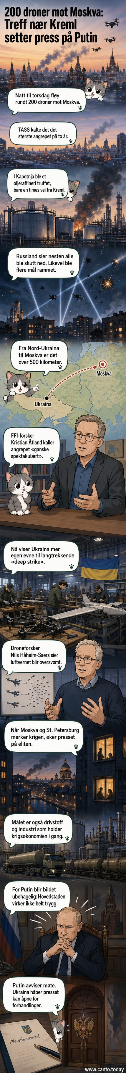 Røyk stiger fra et oljeraffineri i Moskva etter et ukrainsk droneangrep, med en russisk-ortodoks kirke i bakgrunnen.