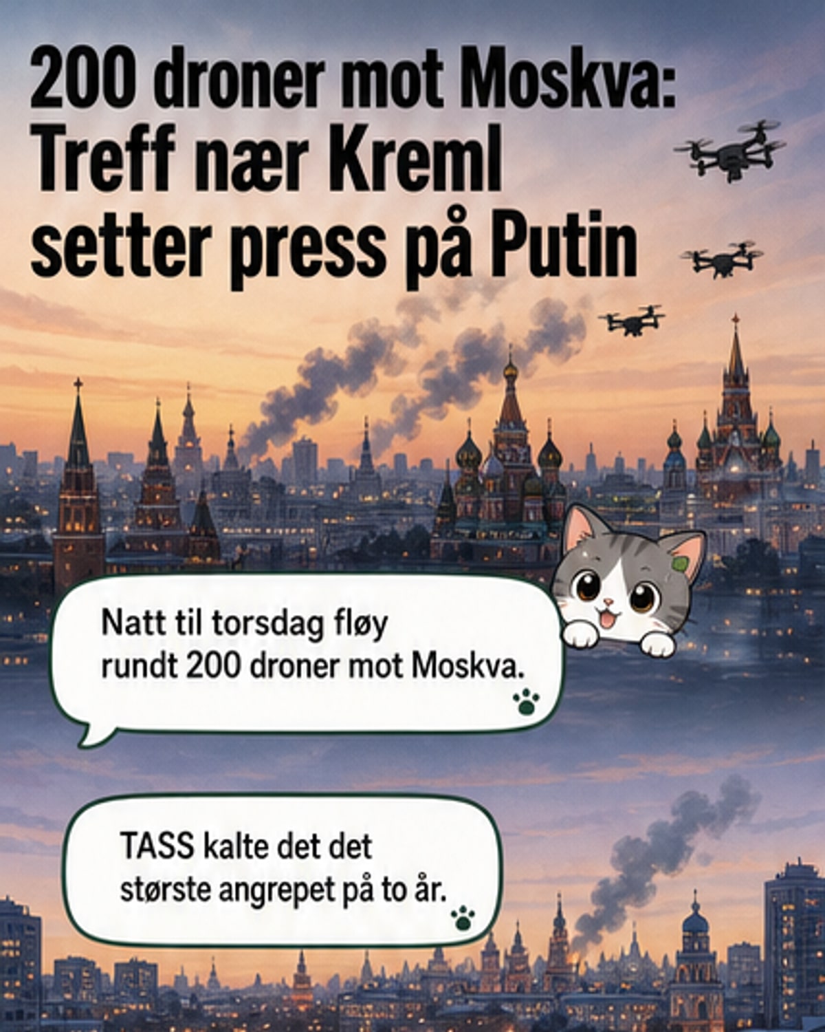 Røyk stiger fra et oljeraffineri i Moskva etter et ukrainsk droneangrep, med en russisk-ortodoks kirke i bakgrunnen.